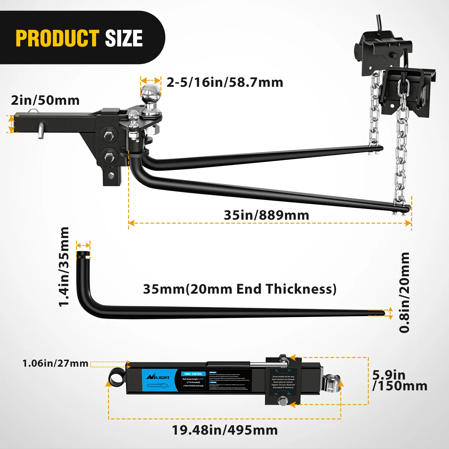 1200 lbs Round Bar Weight Distributing Hitches Kit with Sway Control