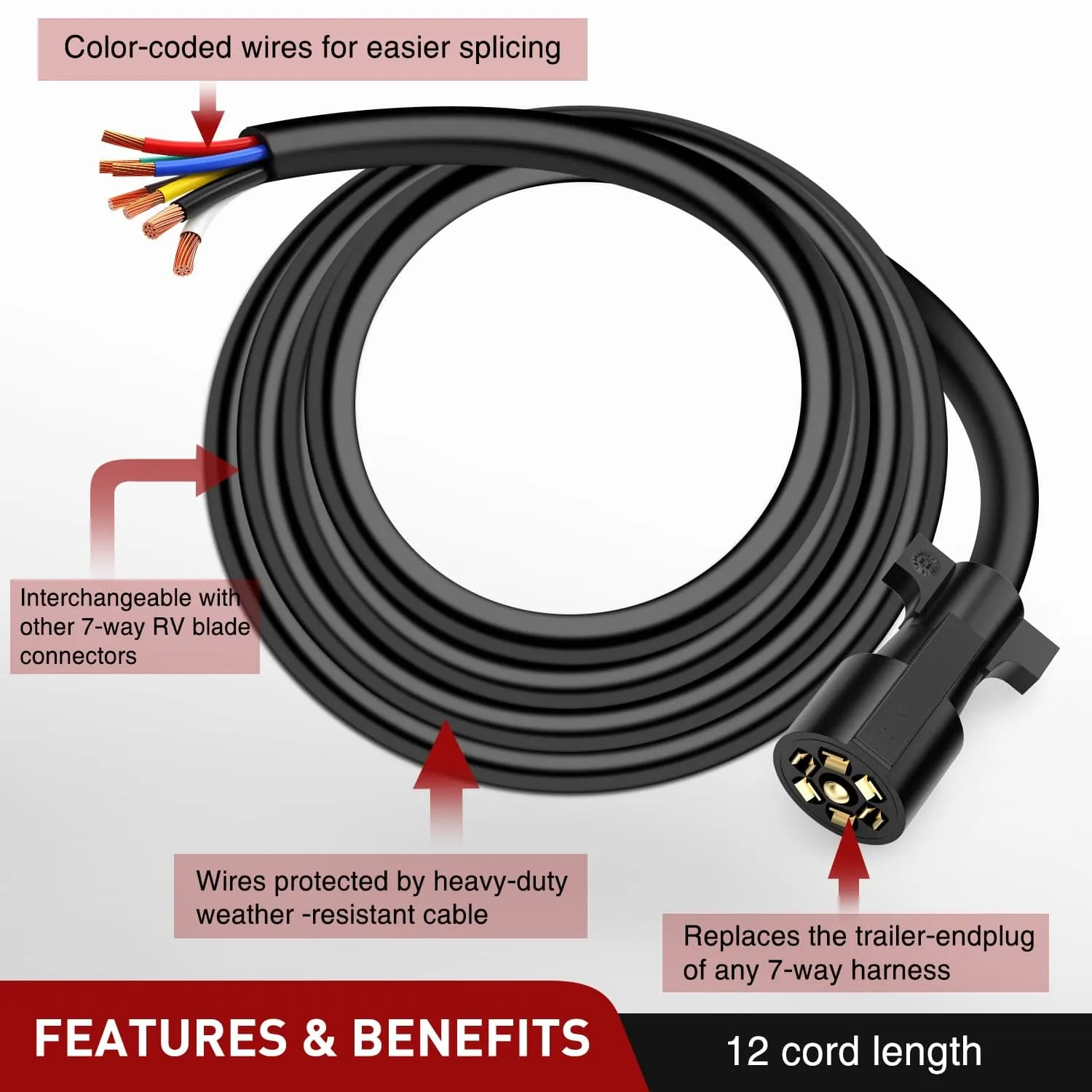 12Feet 7way Heavy Duty 7 Pin Plug Inline Trailer Cord
