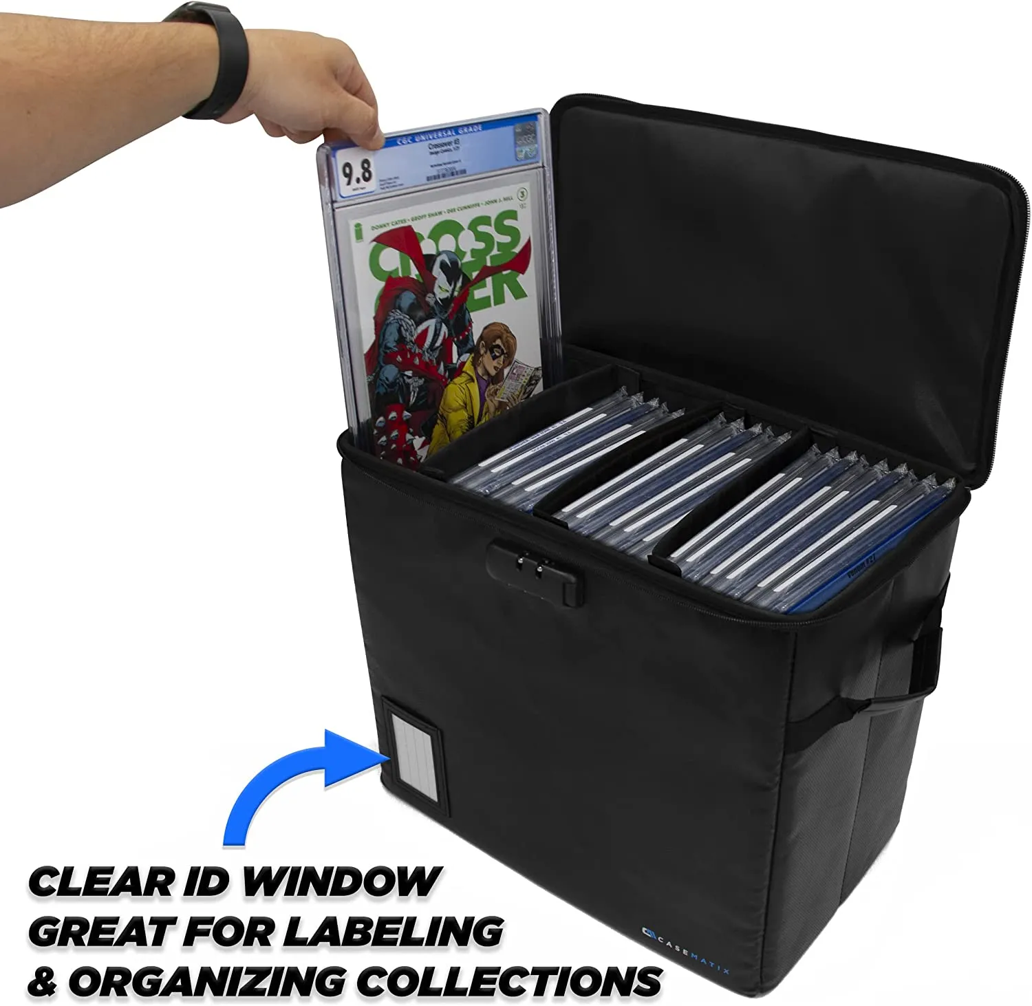 CASEMATIX Graded Comic Book Storage Fits 30  CGC Graded Comics, Fire Resistant Comic Book Bin with 3 Padded Comic Box Dividers and Comic Case Lock