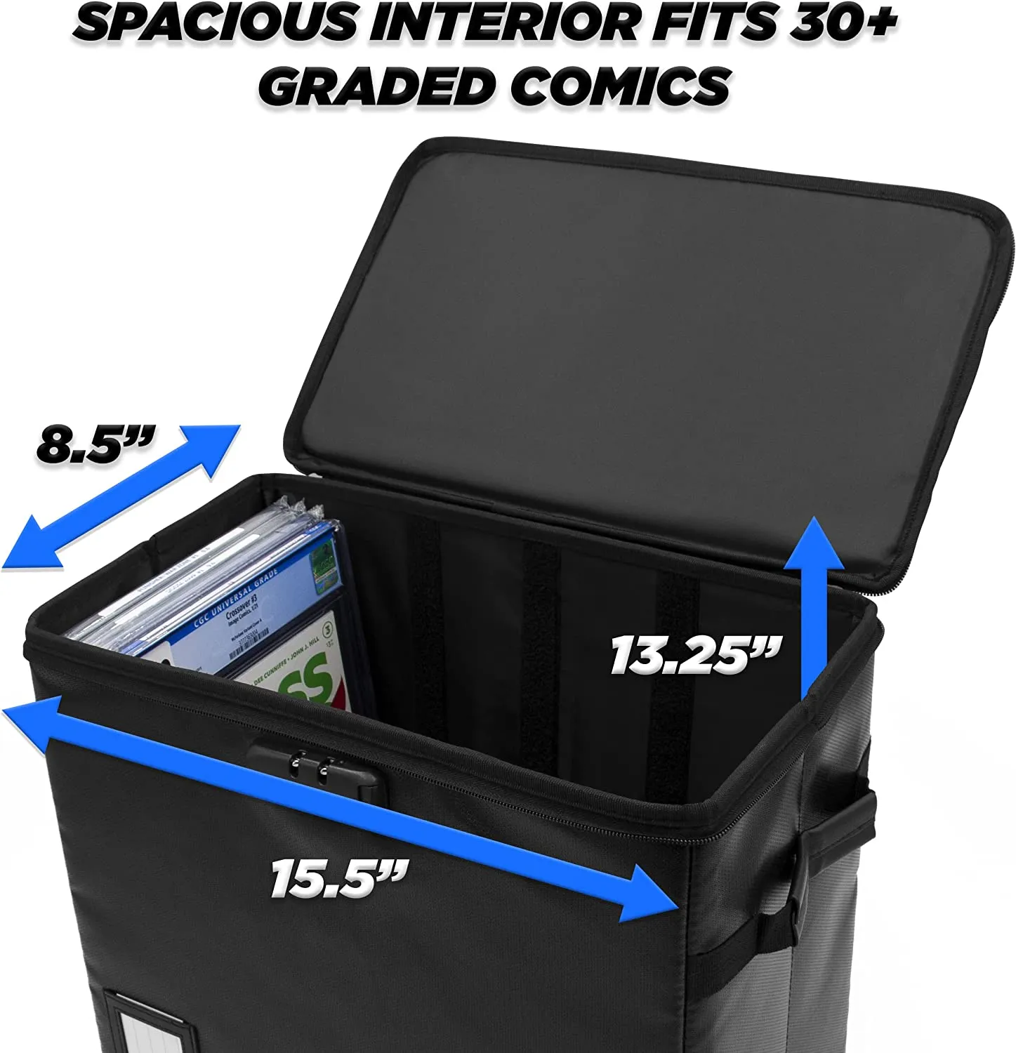 CASEMATIX Graded Comic Book Storage Fits 30  CGC Graded Comics, Fire Resistant Comic Book Bin with 3 Padded Comic Box Dividers and Comic Case Lock