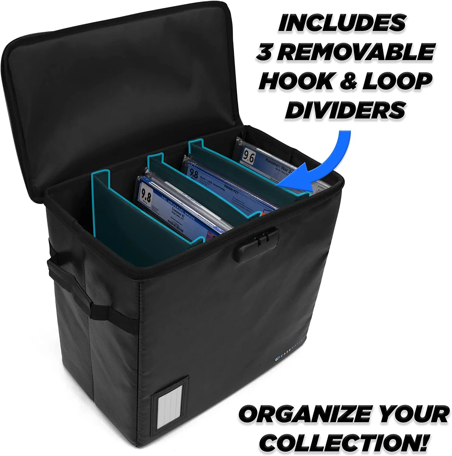 CASEMATIX Graded Comic Book Storage Fits 30  CGC Graded Comics, Fire Resistant Comic Book Bin with 3 Padded Comic Box Dividers and Comic Case Lock