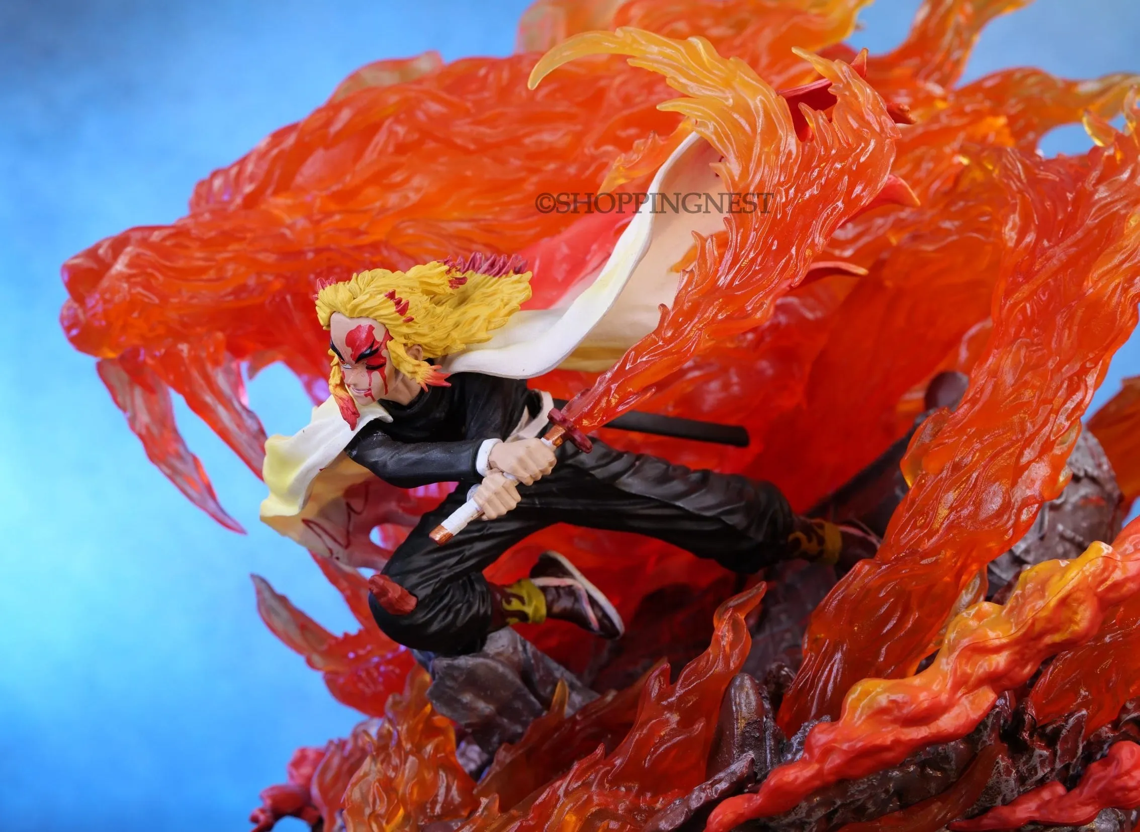 Demonslayer Anime Rengoku  Fire Breathing Slash Attacking Akaza Scene with Lights Action Figurine | 32 Cm |
