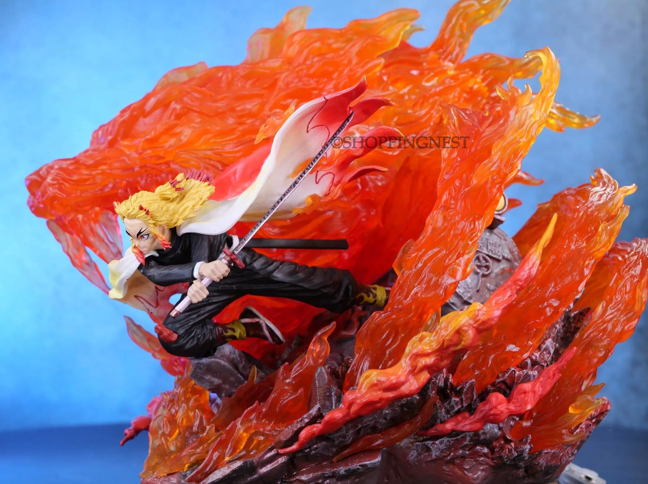 Demonslayer Anime Rengoku  Fire Breathing Slash Attacking Akaza Scene with Lights Action Figurine | 32 Cm |