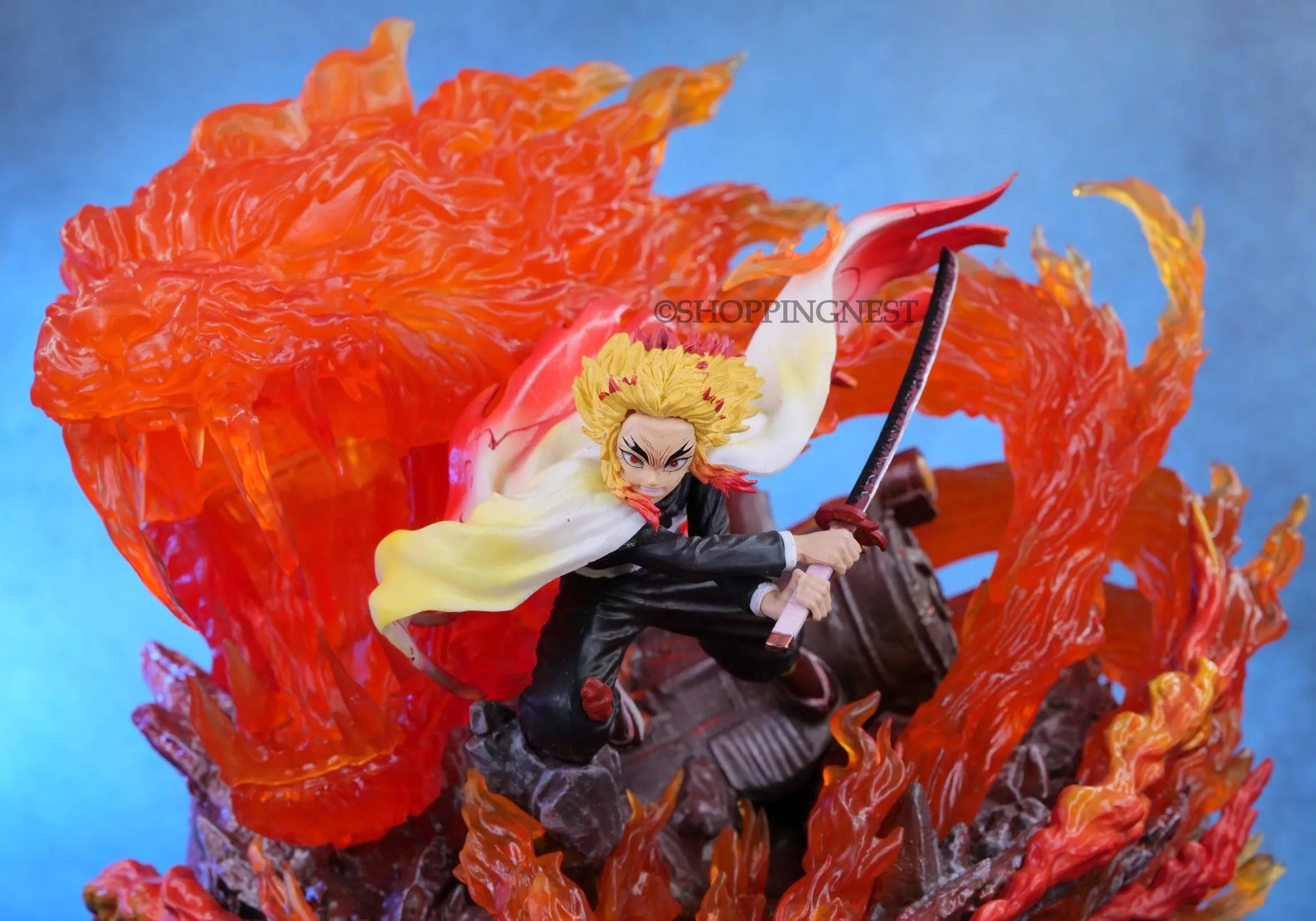 Demonslayer Anime Rengoku  Fire Breathing Slash Attacking Akaza Scene with Lights Action Figurine | 32 Cm |