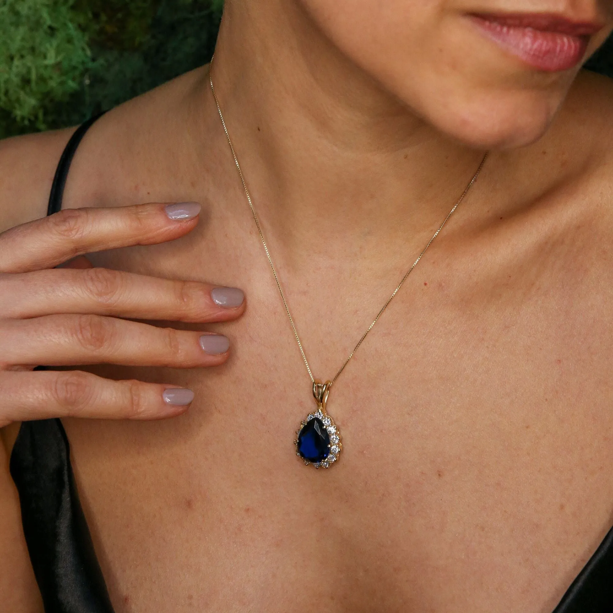 Gold Sapphire Pendant - Princess Di Teardrop Necklace - CZ Diamond Necklace