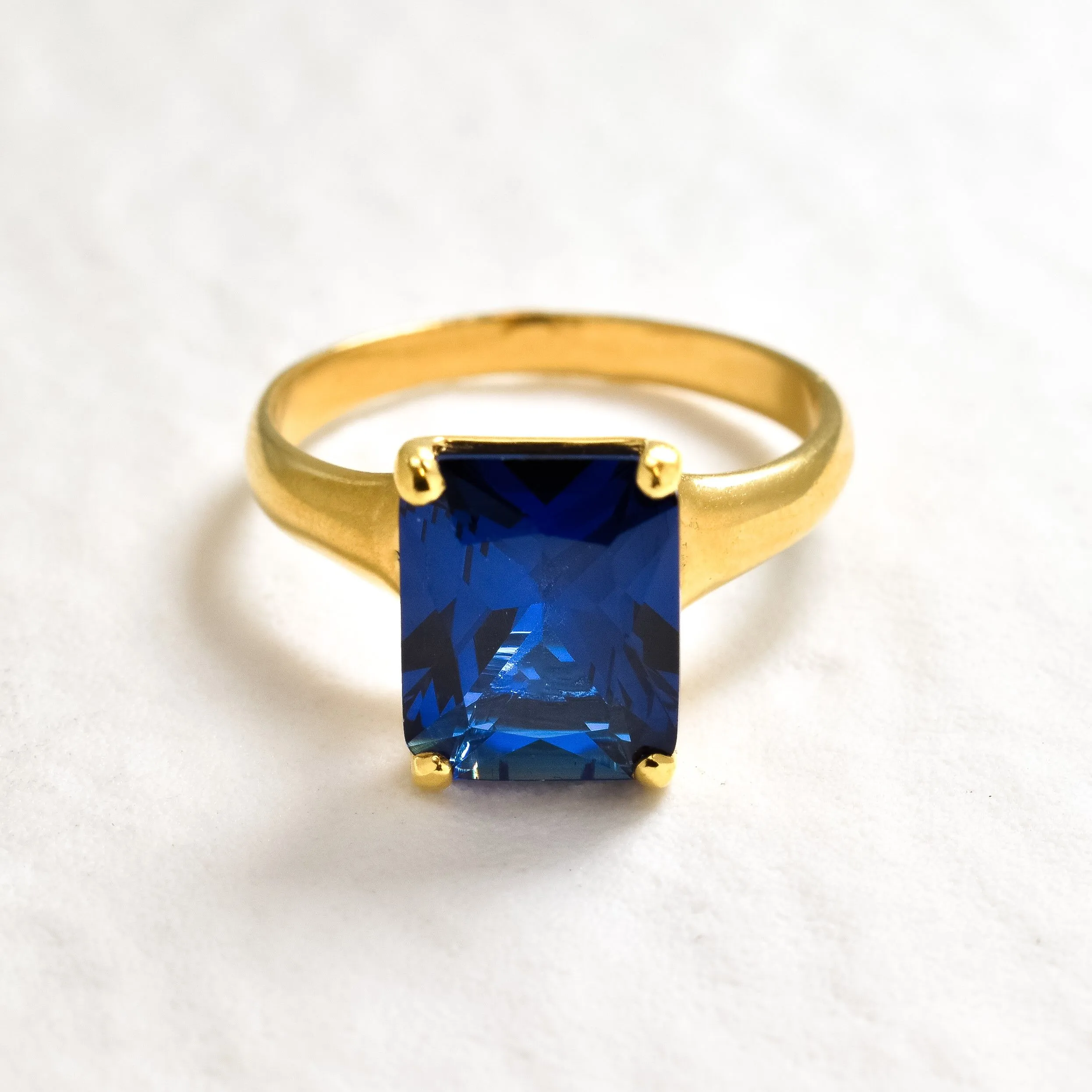 Gold Sapphire Ring - Blue Square Ring - Solitaire Sapphire Ring
