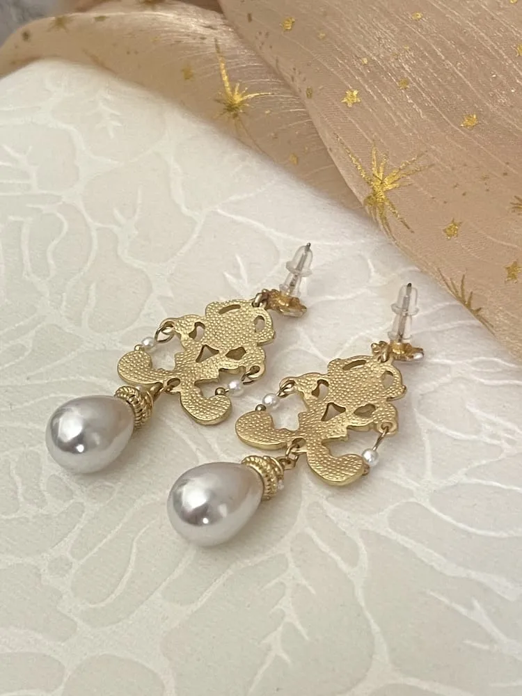 Renaissance Inspired Ornate Flourish Earrings with Pearl Drops | Regular & Clip-On